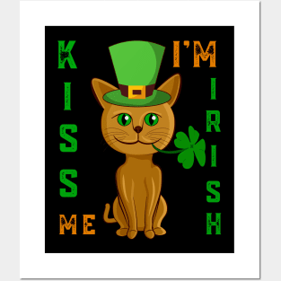 Kiss Me I'm Irish Cat St Patricks Day Shamrock  Shenanigans Cat Lover Gift Posters and Art